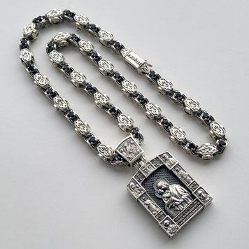 Серебряная цепь якорное плетение со вставками оникс 104 грамм и подвес 43 грамм ОН102-БМ43 фото