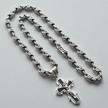Серебряный комплект массивная литая цепь Якорное плетение и крестик с камнями оникс спасм-80-16он фото